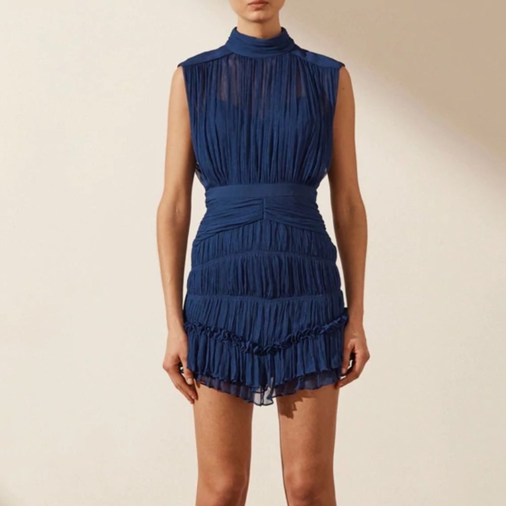 Shona joy safira sleeveless ruched mini dress- agean blue
